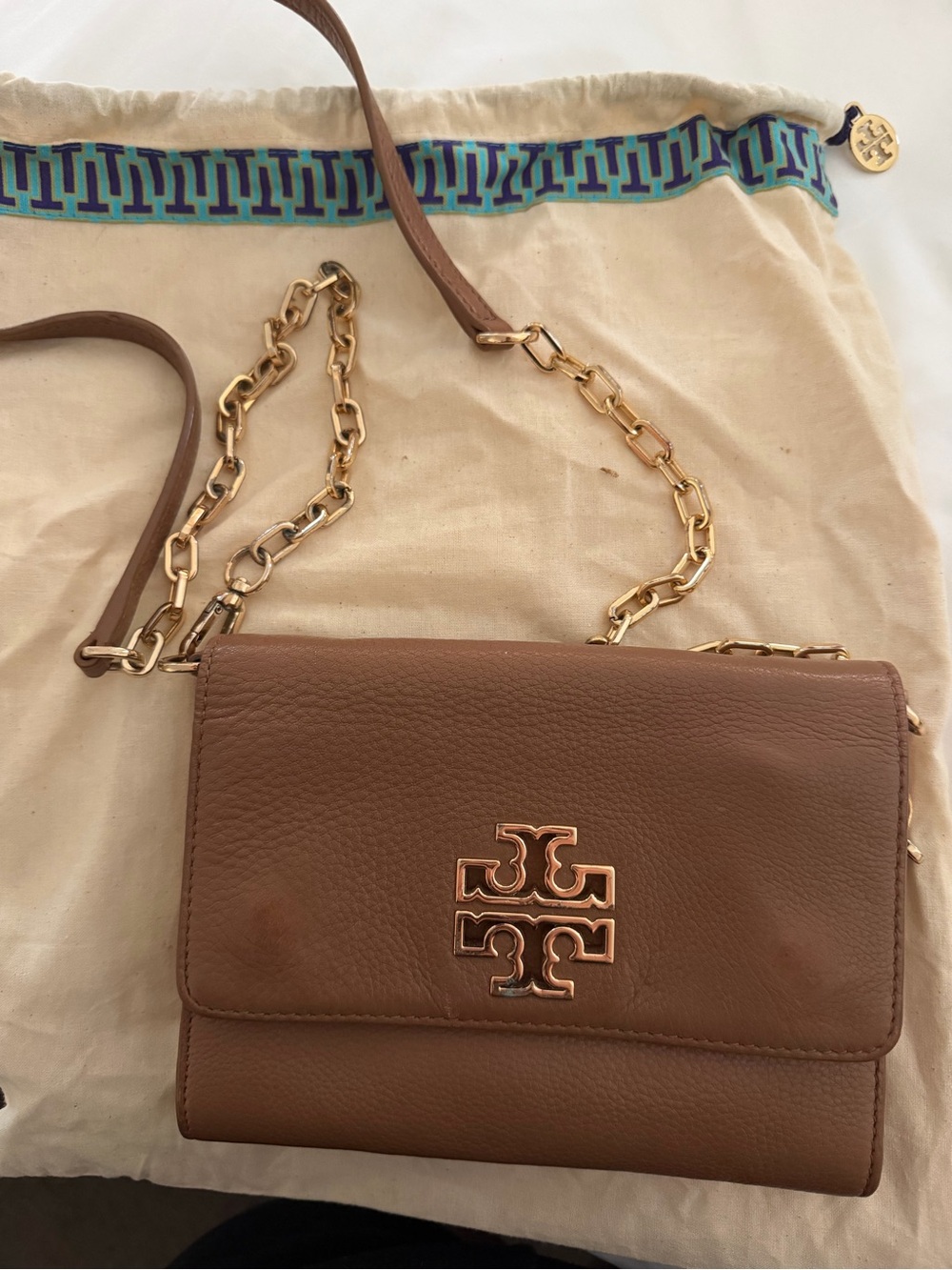 Tory Burch Brown Leather Crossbody with Gold Logo Chain
